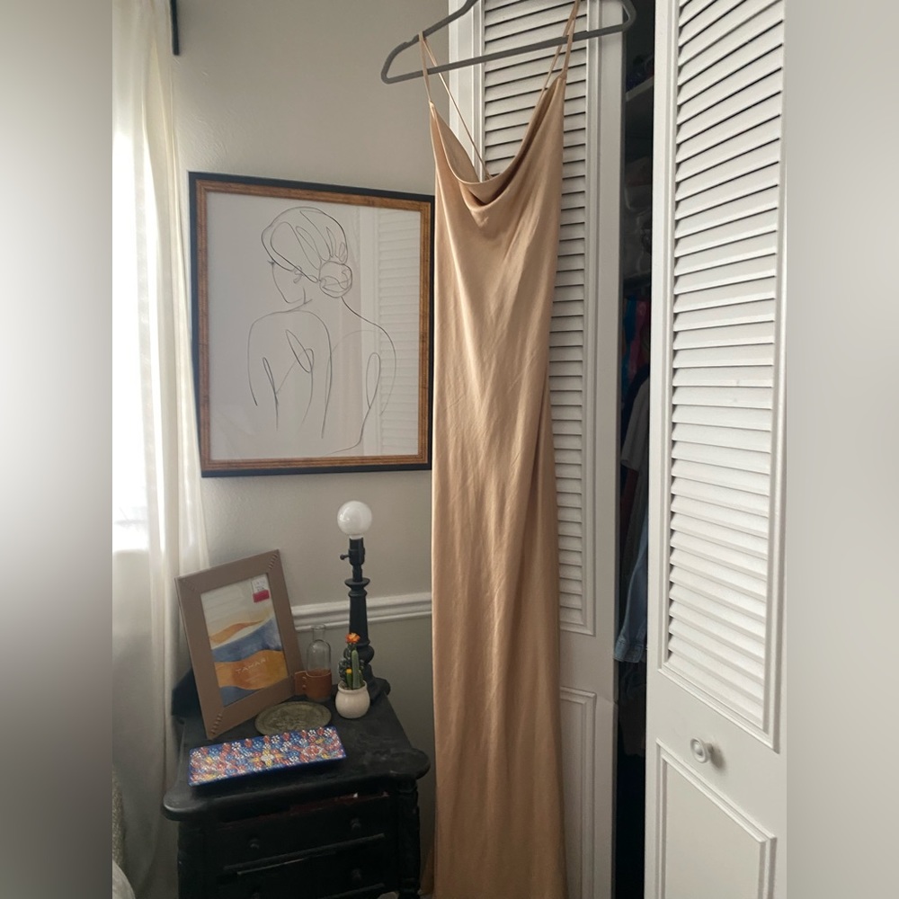 Satin cowl neck floor length dress in champagne